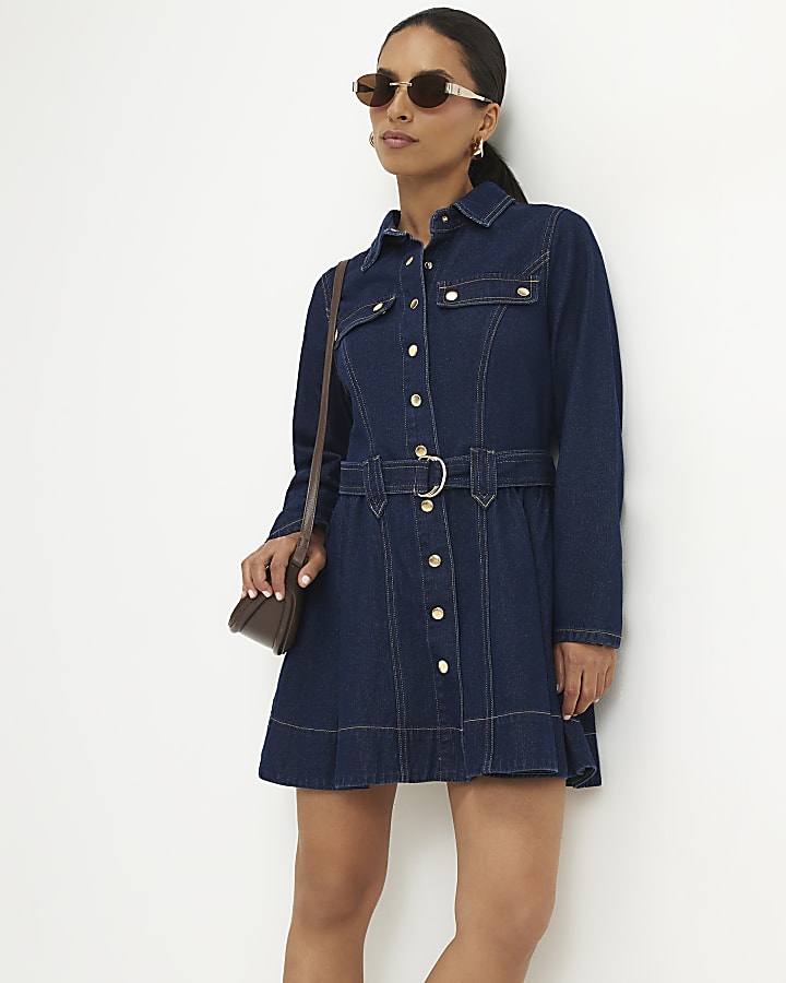 Petite Blue Belted Denim Swing Dress