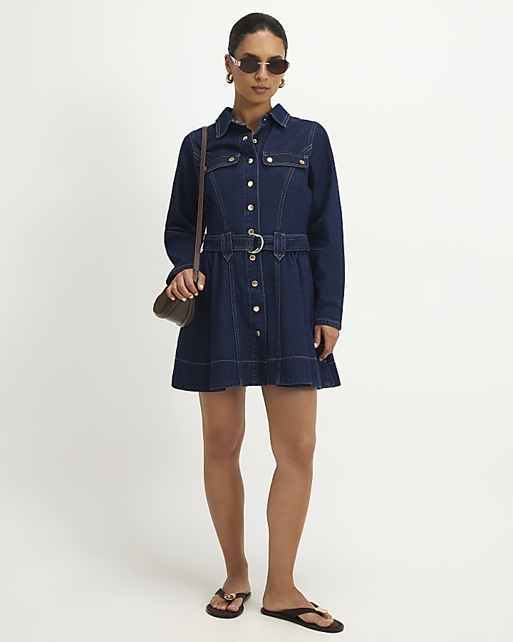 Petite Blue Belted Denim Swing Dress