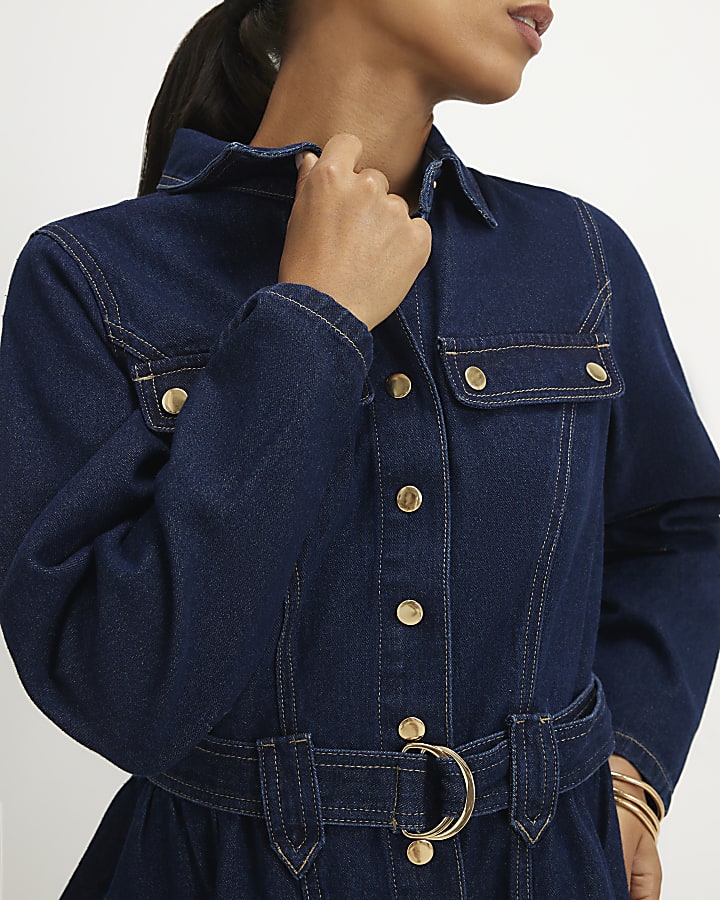 Petite Blue Belted Denim Swing Dress