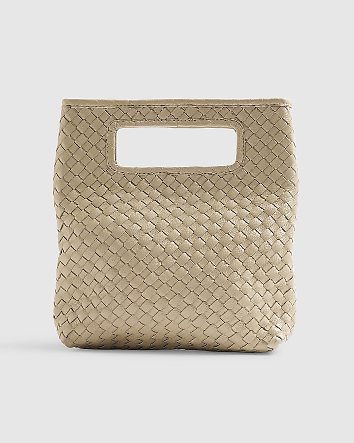 Cream Leather Woven Clutch Bag