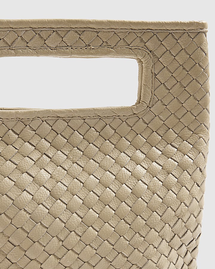 Cream Leather Woven Clutch Bag