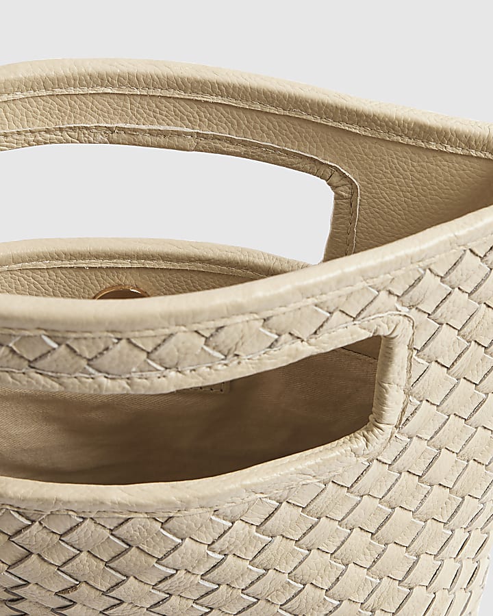 Cream Leather Woven Clutch Bag