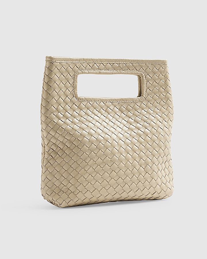 Cream Leather Woven Clutch Bag