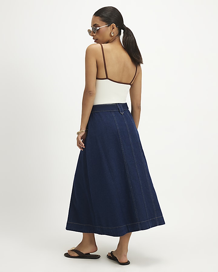Petite Blue Belted Pocket Denim Midi Skirt