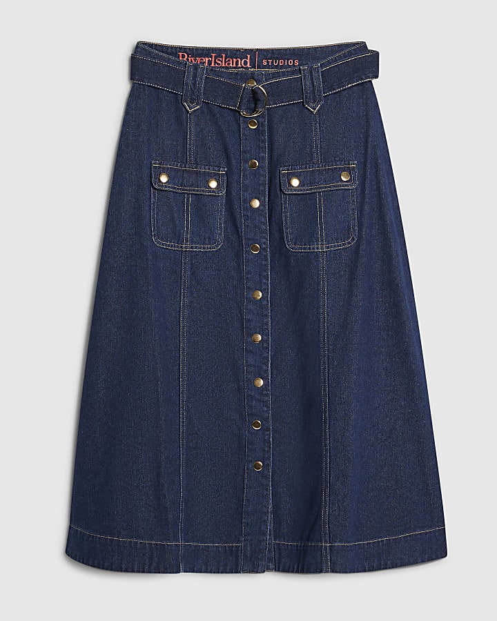 Petite Blue Belted Pocket Denim Midi Skirt