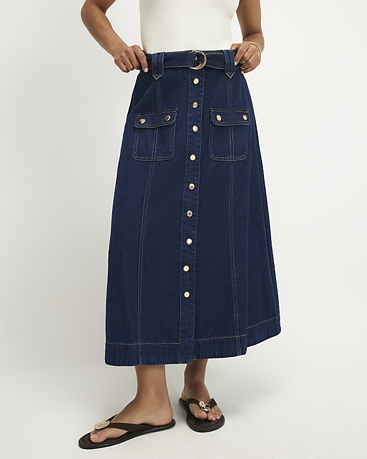 Petite Blue Belted Pocket Denim Midi Skirt