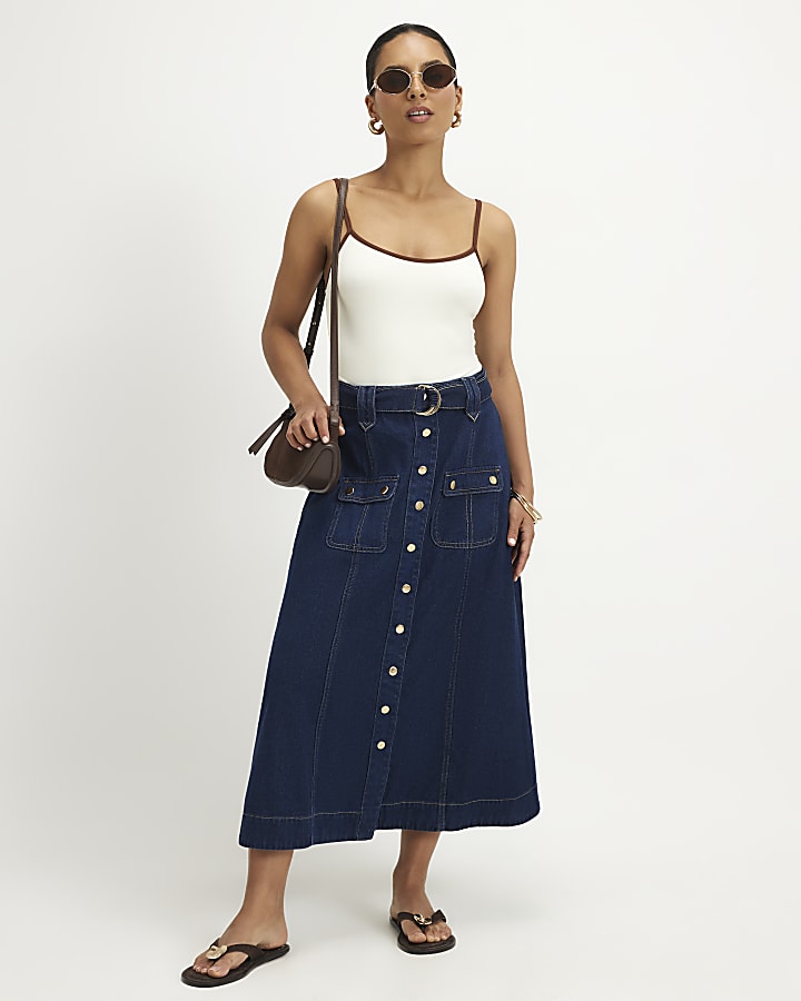 Petite Blue Belted Pocket Denim Midi Skirt