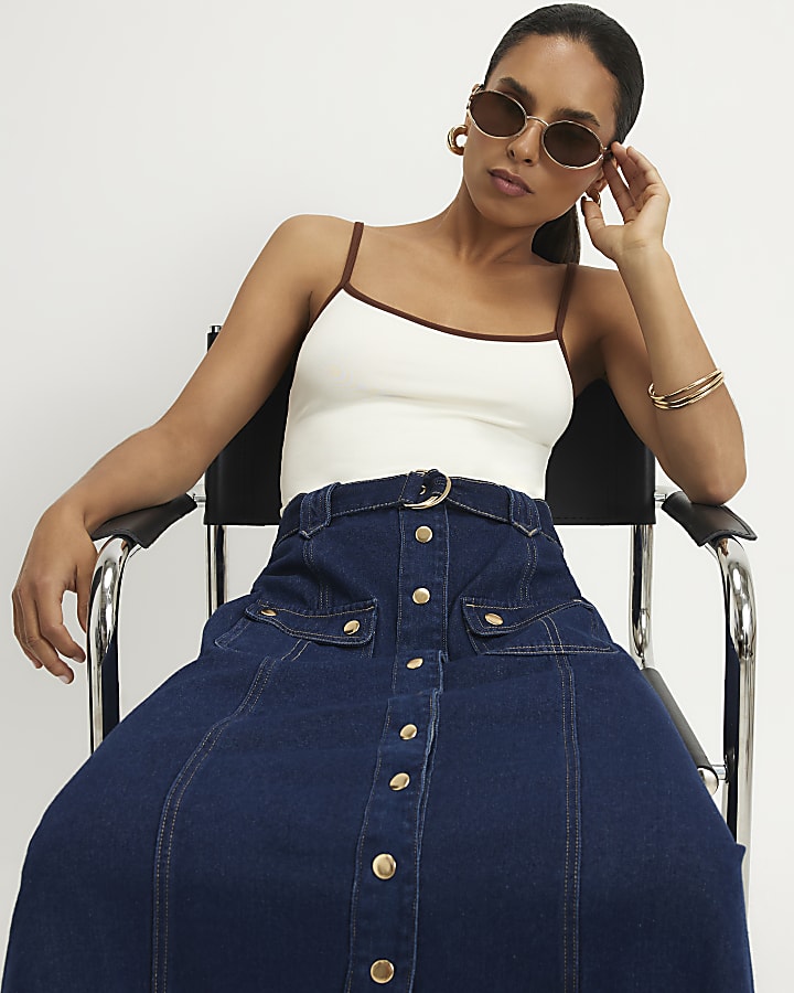 Petite Blue Belted Pocket Denim Midi Skirt