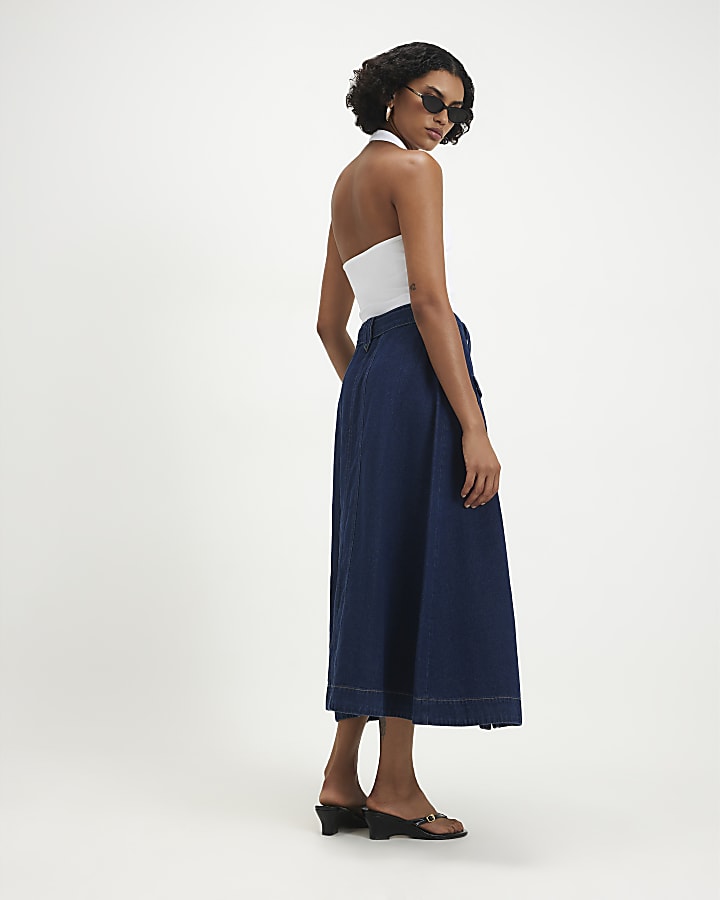 Blue Belted Pocket Denim Midi Skirt