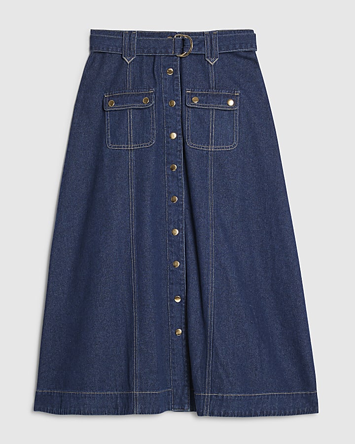 Blue Belted Pocket Denim Midi Skirt