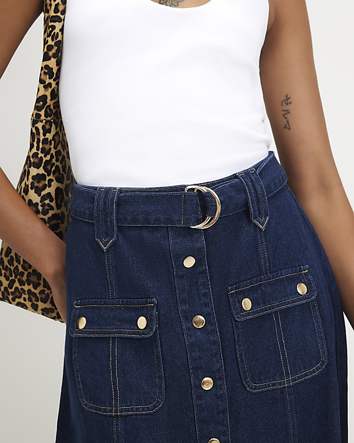 Blue Belted Pocket Denim Midi Skirt