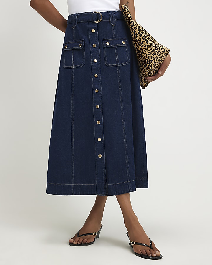 Blue Belted Pocket Denim Midi Skirt