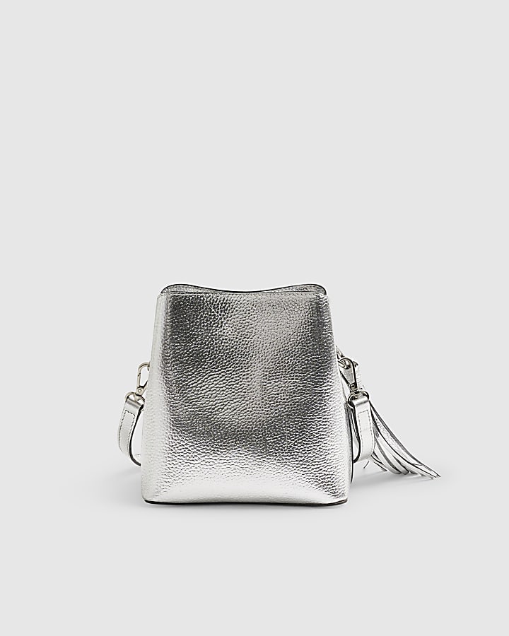Silver Leather Tassel Crossbody Bucket Bag