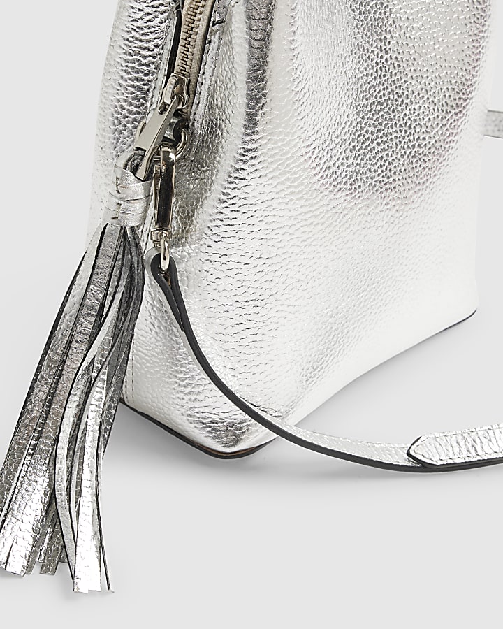 Silver Leather Tassel Crossbody Bucket Bag