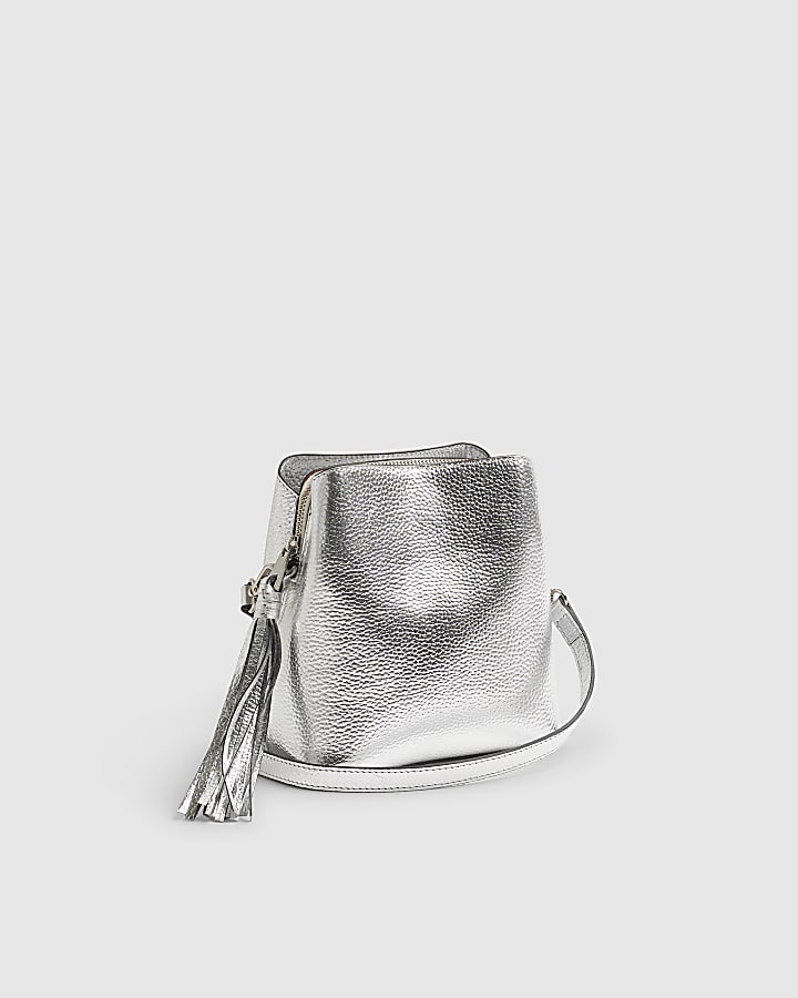 Silver Leather Tassel Crossbody Bucket Bag