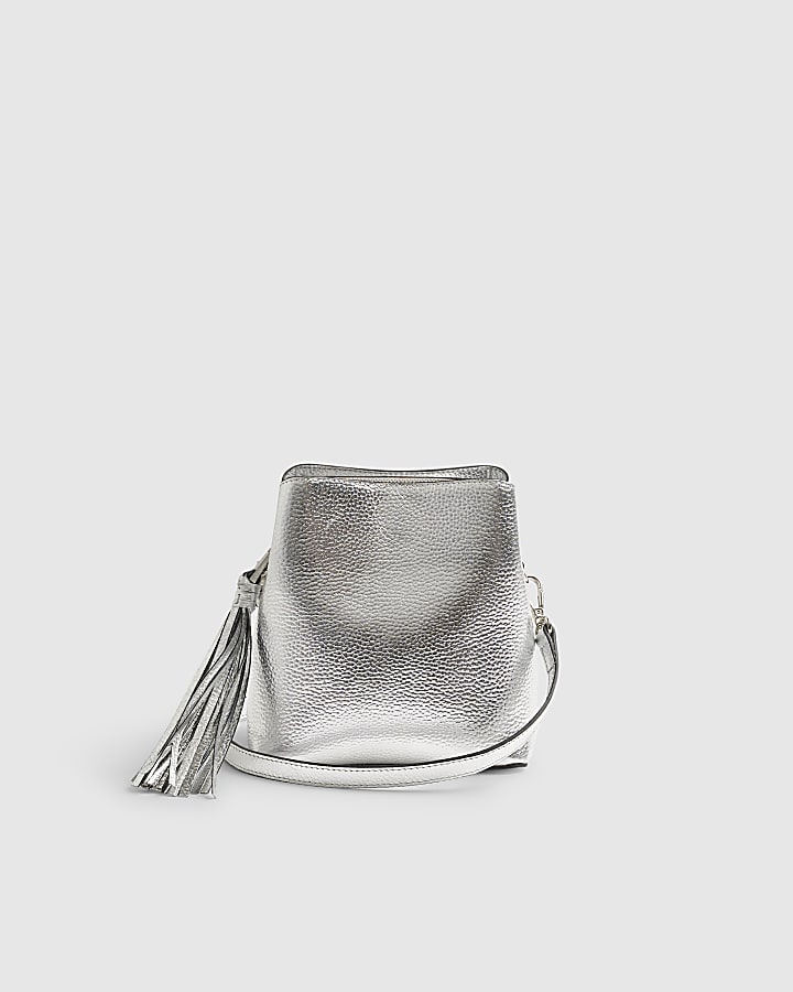 Silver Leather Tassel Crossbody Bucket Bag