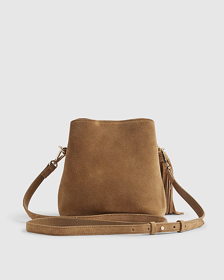 Brown Suede Triple Compartment Bucket Bag