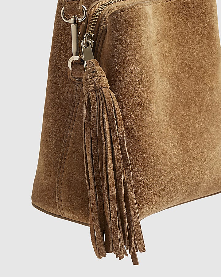Brown Suede Triple Compartment Bucket Bag