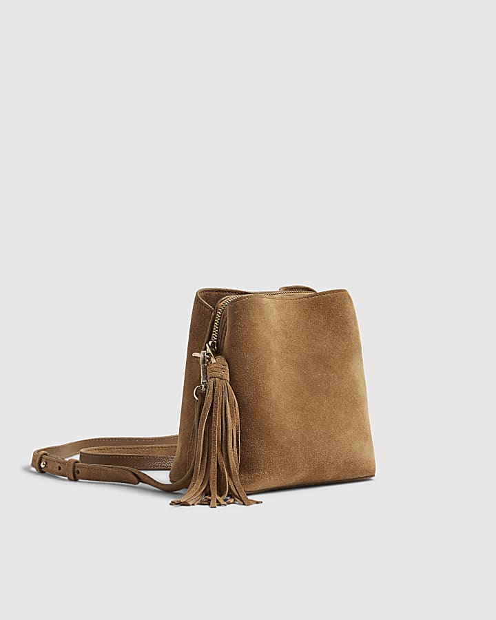 Brown Suede Triple Compartment Bucket Bag