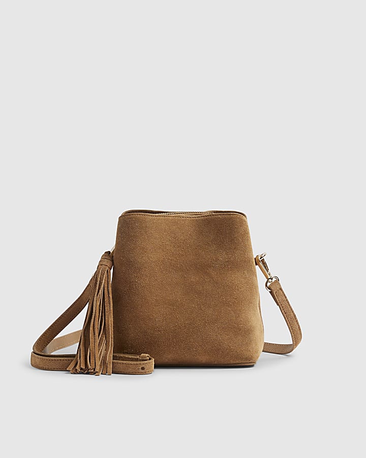 Brown Suede Triple Compartment Bucket Bag
