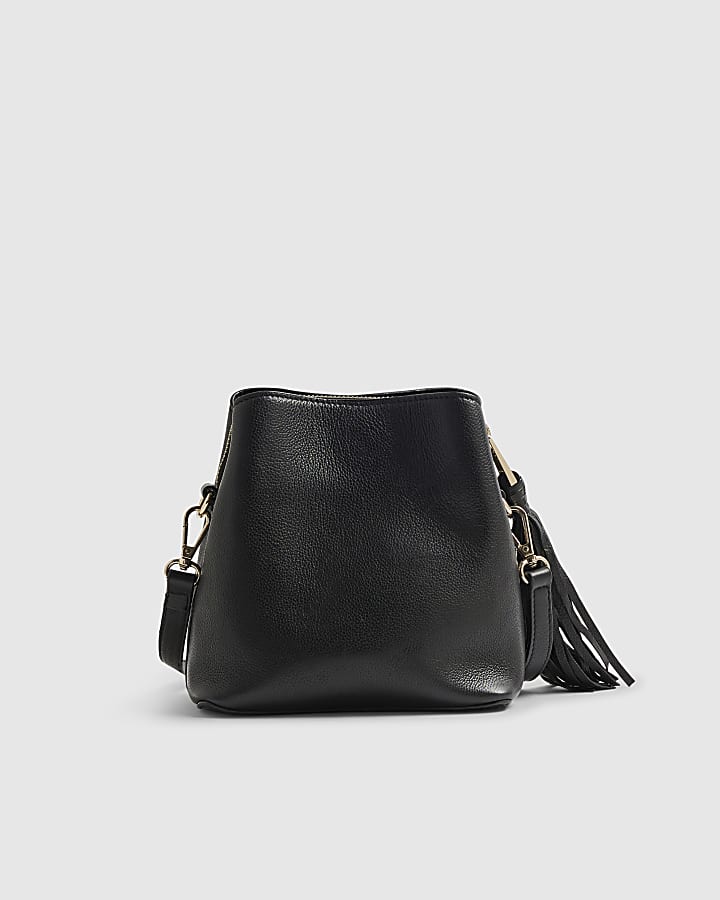 Black Leather Tassel Crossbody Bucket Bag