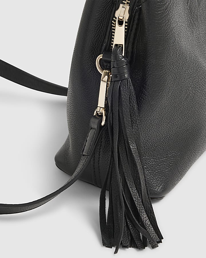 Black Leather Tassel Crossbody Bucket Bag