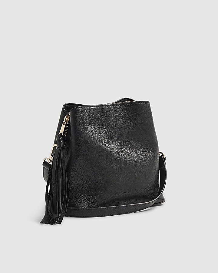 Black Leather Tassel Crossbody Bucket Bag