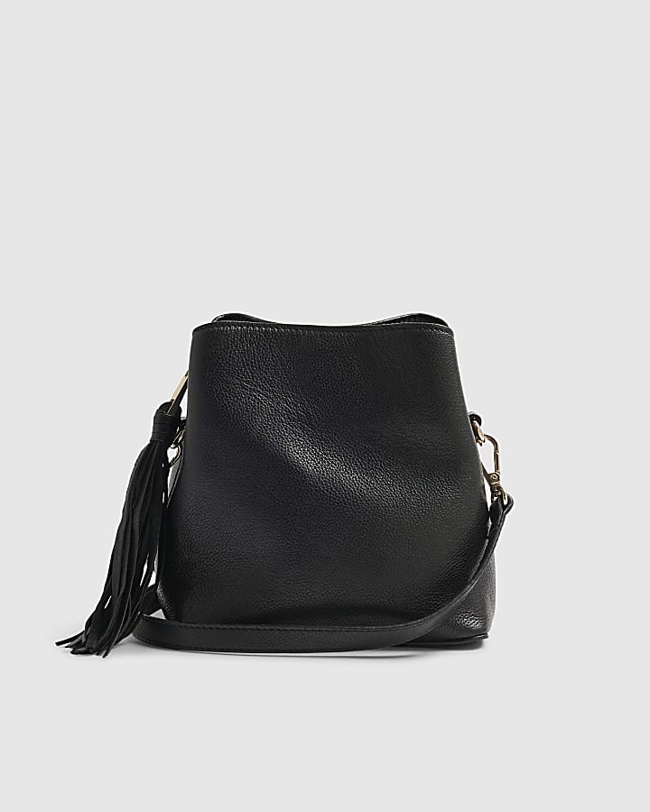 Black Leather Tassel Crossbody Bucket Bag