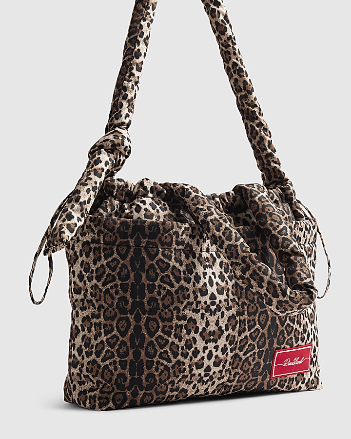 Brown Leopard Drawstring Travel Tote Bag