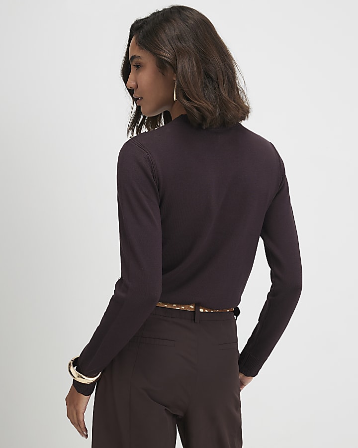 Brown Knitted Pointelle Trim Long Sleeve Top
