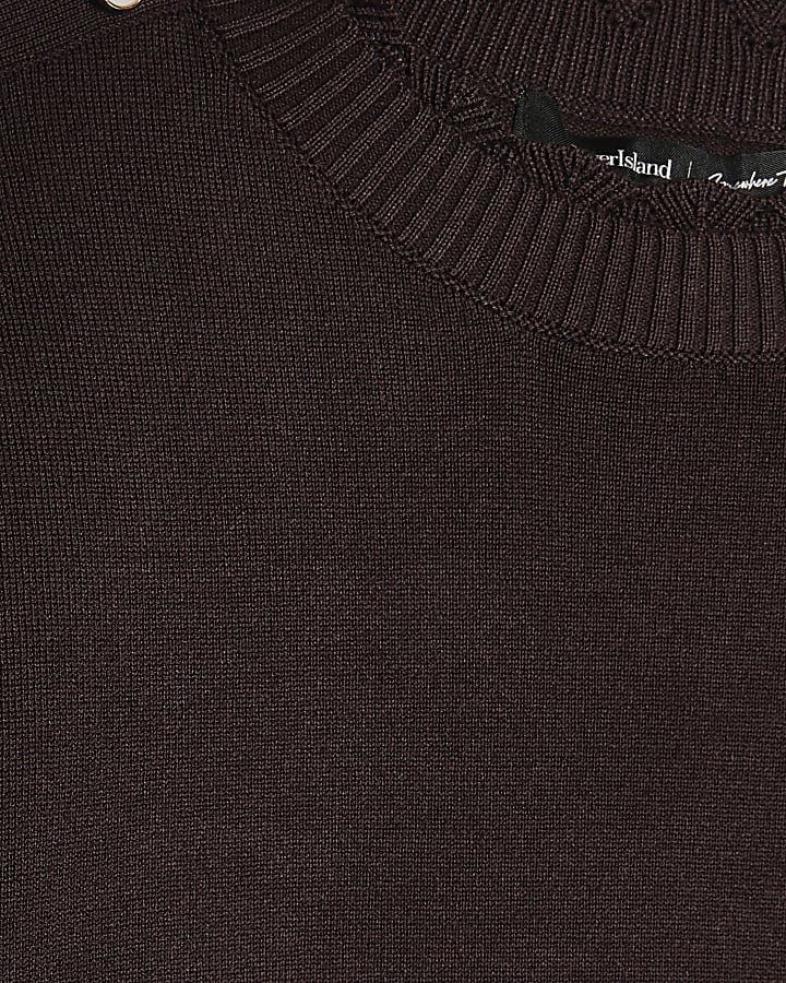Brown Knitted Pointelle Trim Long Sleeve Top