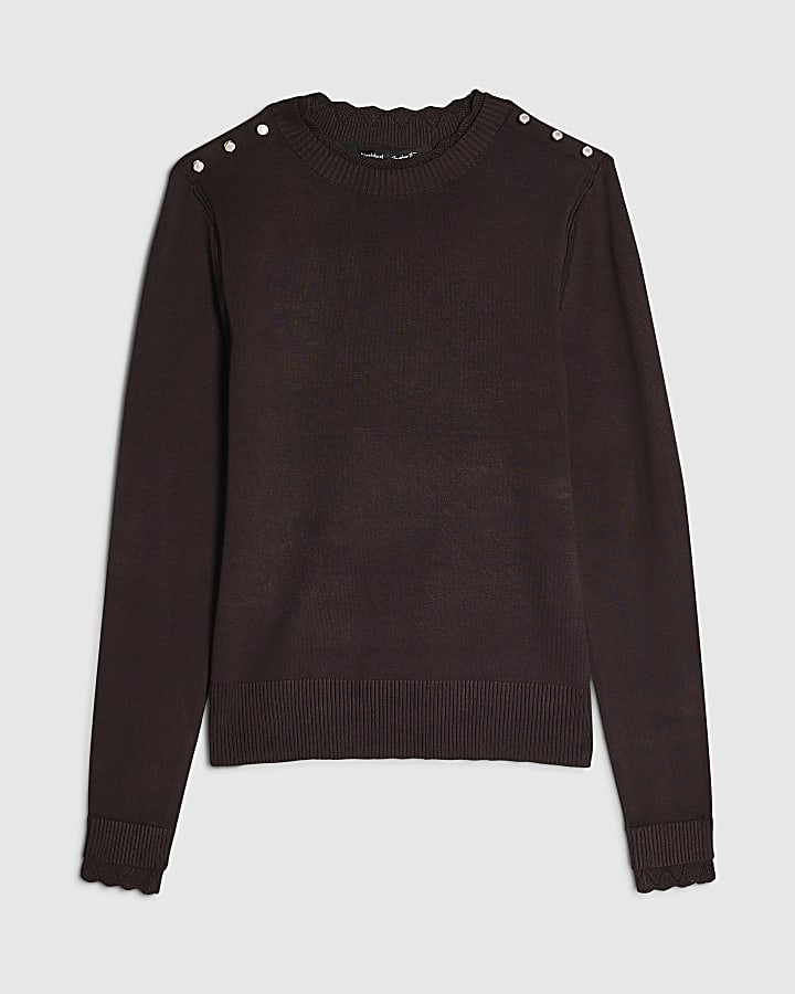 Brown Knitted Pointelle Trim Long Sleeve Top