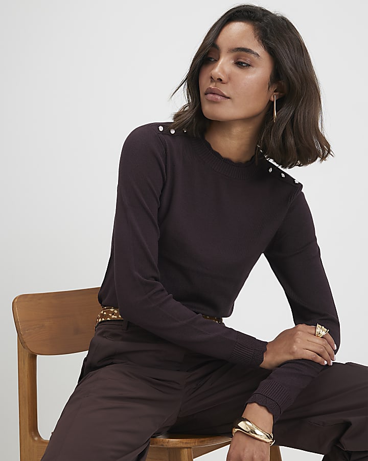 Brown Knitted Pointelle Trim Long Sleeve Top