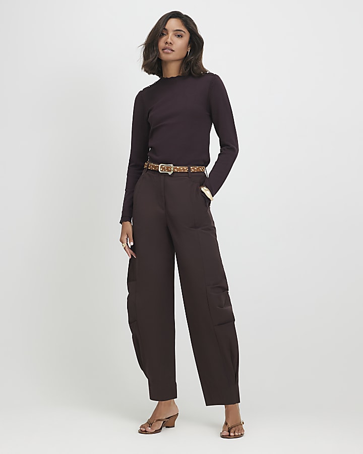 Brown Knitted Pointelle Trim Long Sleeve Top