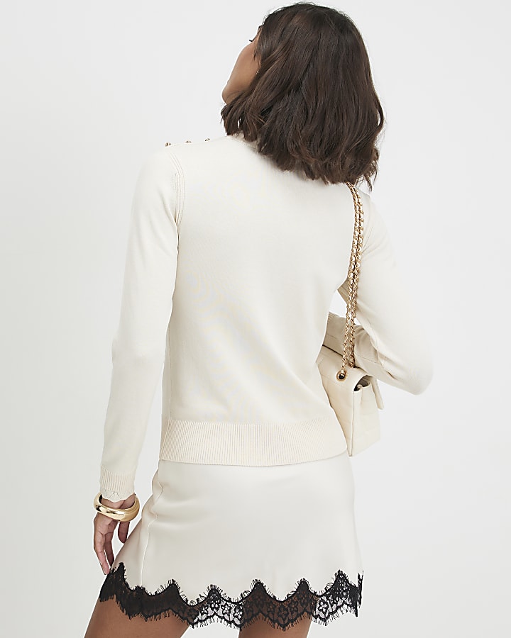 Cream Knitted Pointelle Trim Long Sleeve Top
