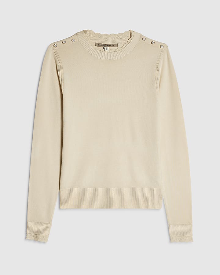 Cream Knitted Pointelle Trim Long Sleeve Top