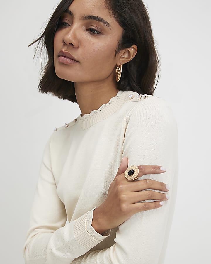 Cream Knitted Pointelle Trim Long Sleeve Top