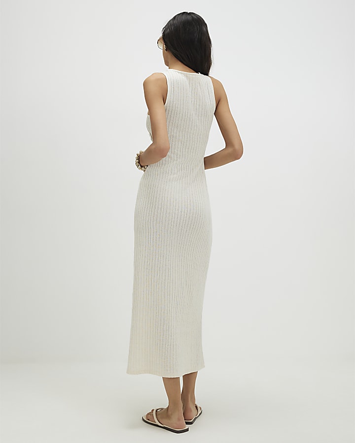 White Sleeveless 3D Flower Trim Midi Dress