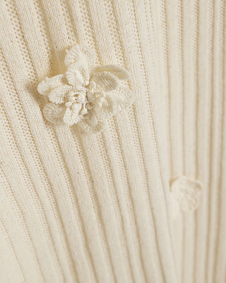 White Sleeveless 3D Flower Trim Midi Dress