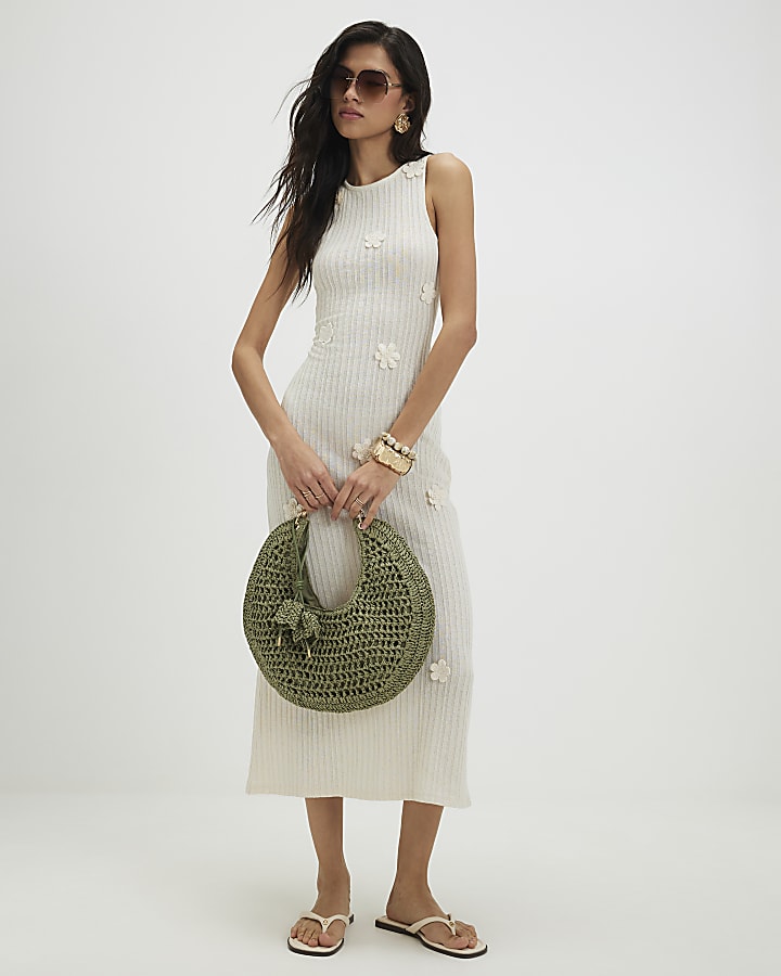 White Sleeveless 3D Flower Trim Midi Dress