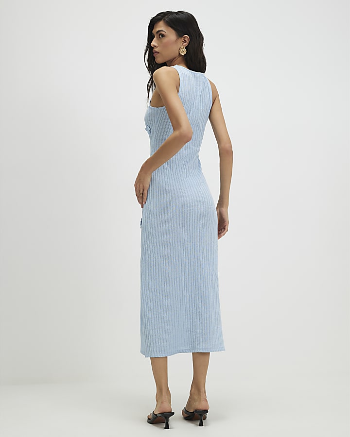 Blue Sleeveless 3D Flower Trim Midi Dress