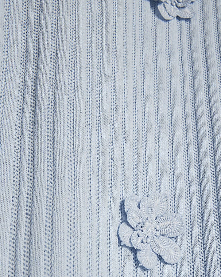 Blue Sleeveless 3D Flower Trim Midi Dress