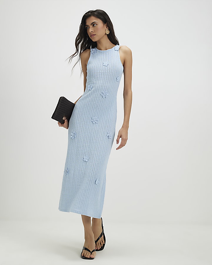 Blue Sleeveless 3D Flower Trim Midi Dress