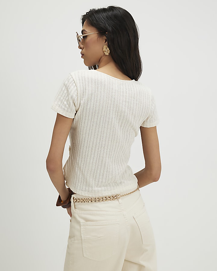 White Short Sleeve 3D Flower Trim Top