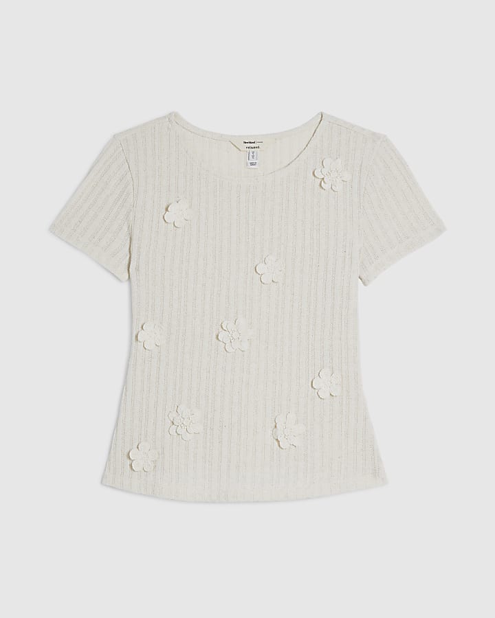 White Short Sleeve 3D Flower Trim Top