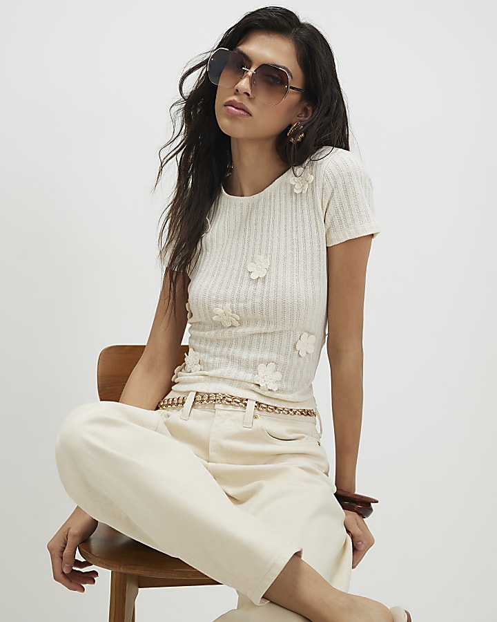 White Short Sleeve 3D Flower Trim Top