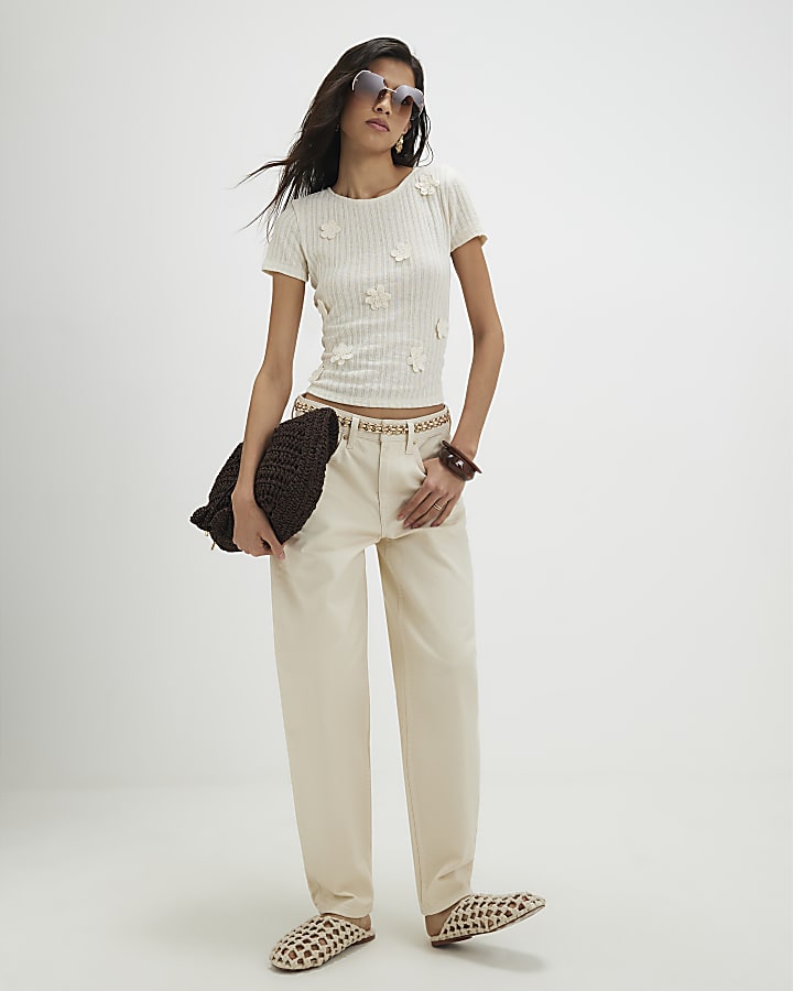 White Short Sleeve 3D Flower Trim Top