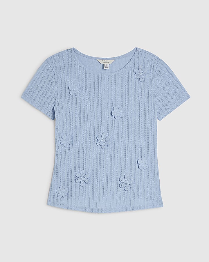 Blue Short Sleeve 3D Flower Trim Top