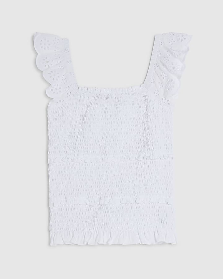 White Sleeveless Shirred Broderie Top