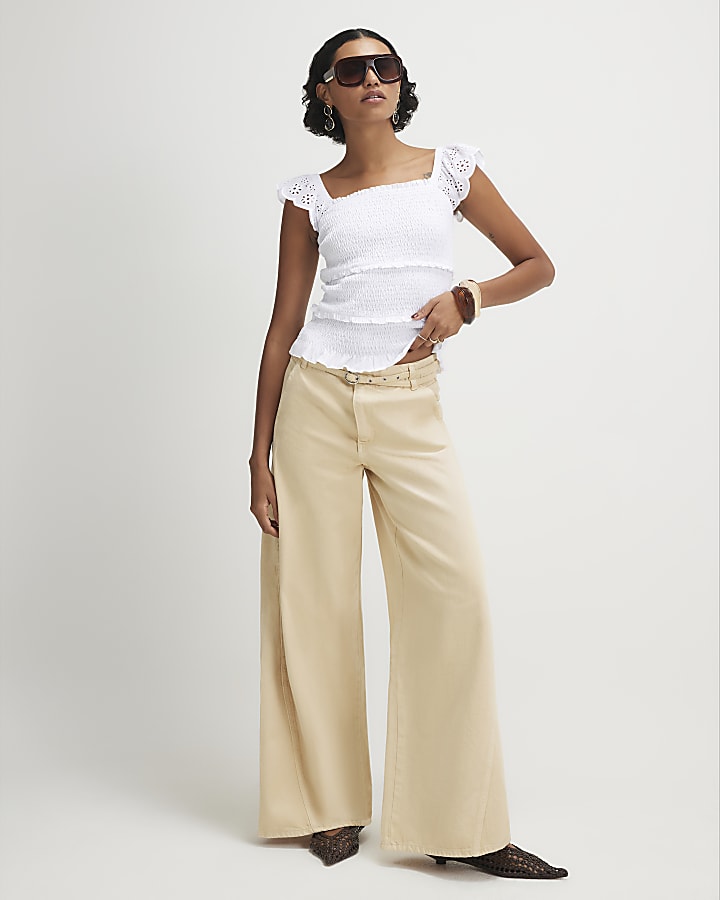 White Sleeveless Shirred Broderie Top